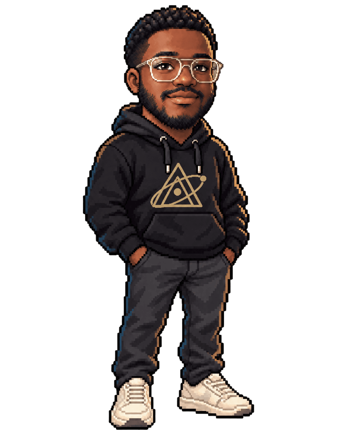 Pixel-art portrait of Cyril in a dark hoodie