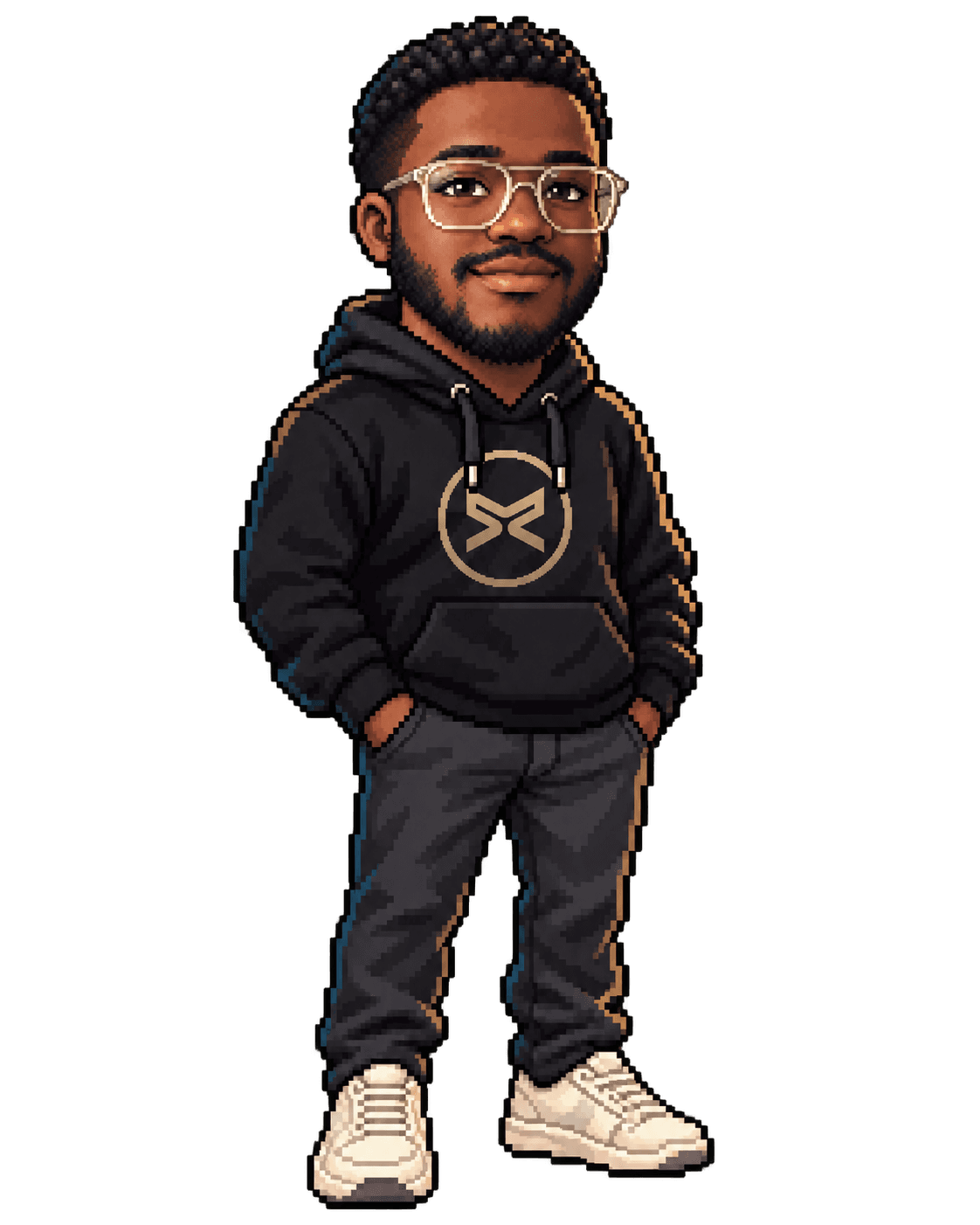 Pixel-art portrait of Cyril in a dark hoodie